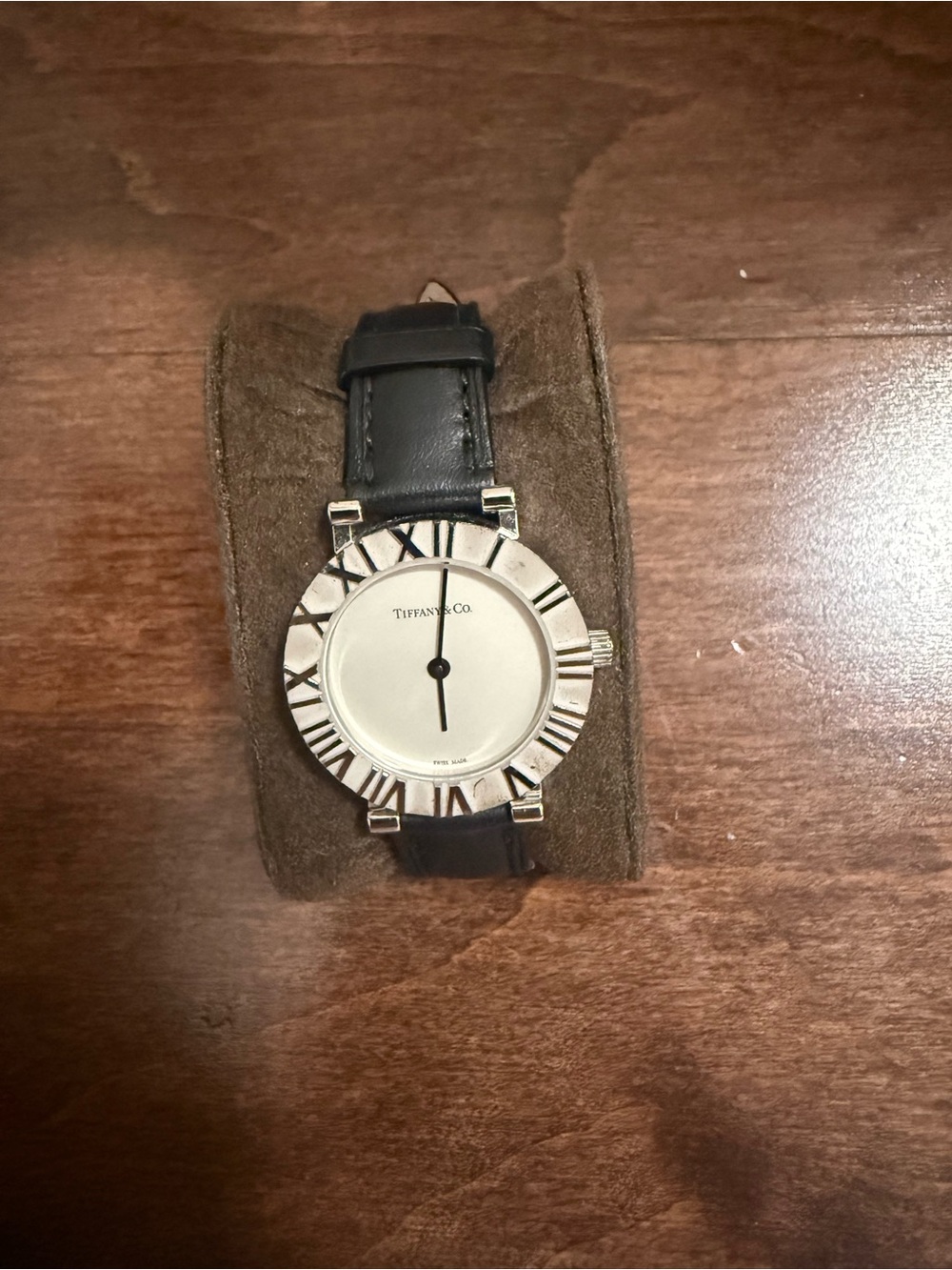 Tiffany & Co. Silver Round Watch with Black Leather Strap